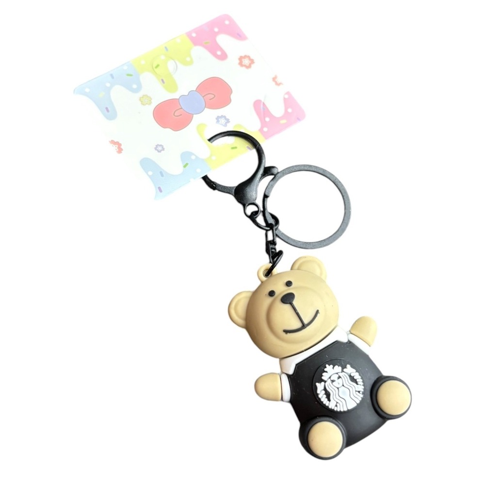 Starbucks Key Chain Women's Black Brown 4" Bear Charm Silicone